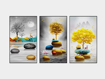 Three Panel Wall Art With Trees Stones Water And Mountain Background 3d model