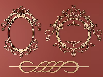 Ornate Carved Oval And Round Frames With Decorative Strip On Red Background 3d model