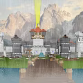 Ancient Castle Architecture Featuring Walls Towers Red Roofs Green Lawn And Rainy View