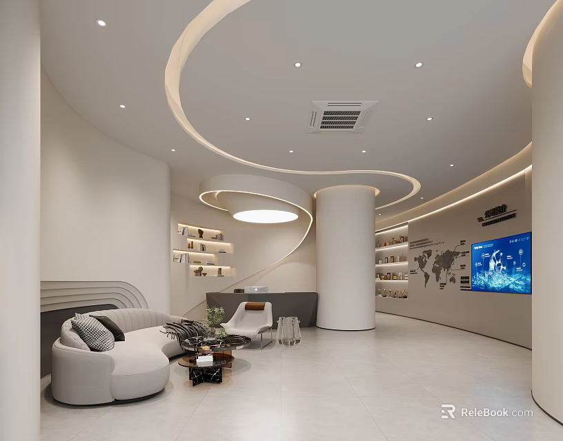 Modern Minimalist Office Reception Lobby With Comfortable Waiting Lounge And Elegant Curved Ceiling Lighting Design 3d model 