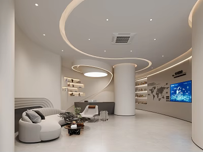 Modern Minimalist Office Reception Lobby With Comfortable Waiting Lounge And Elegant Curved Ceiling Lighting Design 3d model