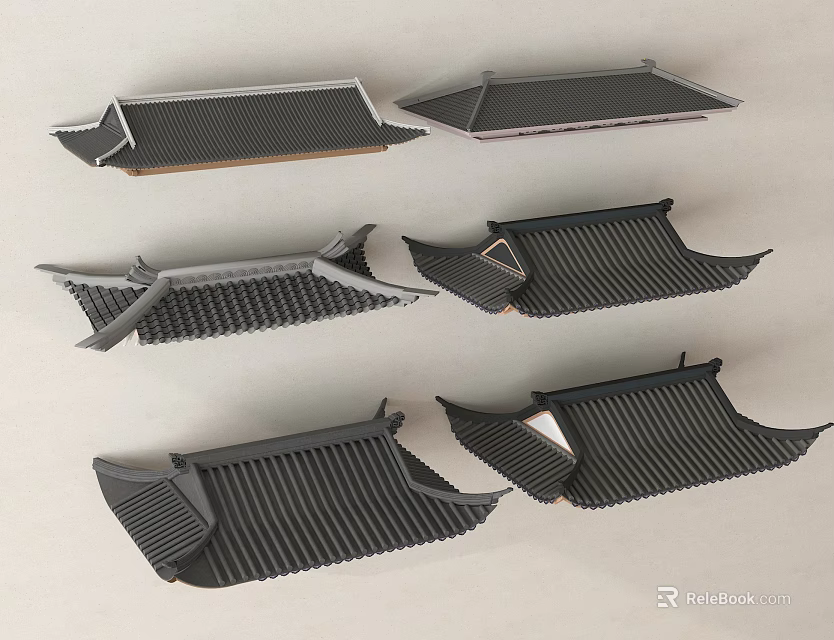 Traditional Architectural Roof Components Featuring Black Tile Structures With Various Shapes 3d model 