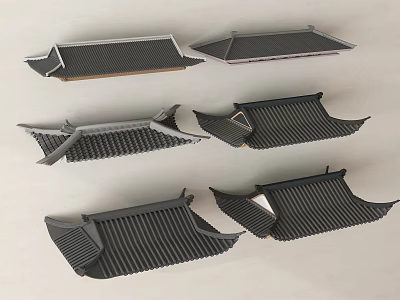 Traditional Architectural Roof Components Featuring Black Tile Structures With Various Shapes 3d model