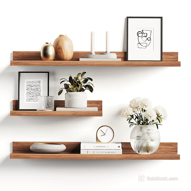 Elegant Wooden Shelf Decorative Ornament Collection with Vases Candles Green Plant Clock and White Flowers 3d model 