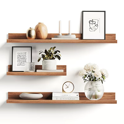 Elegant Wooden Shelf Decorative Ornament Collection with Vases Candles Green Plant Clock and White Flowers 3d model