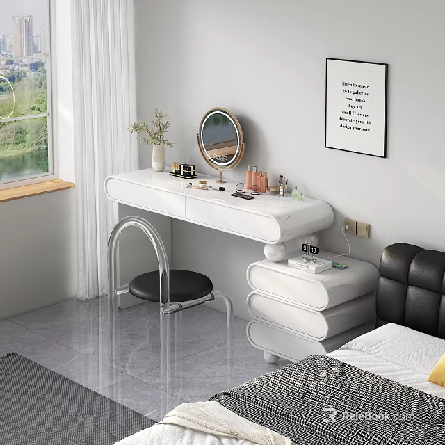 White Modern Dressing Table with Round Mirror Cosmetics Vase and Black Stool in Bright Bedroom 3d model 