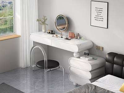 White Modern Dressing Table with Round Mirror Cosmetics Vase and Black Stool in Bright Bedroom 3d model