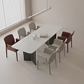 Modern Dining Table Set Featuring White Rectangular Table Grey Red Chairs White Cup and Book 3d model