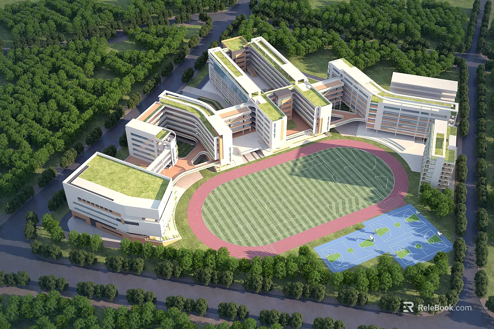 Modern School Campus With Green Roof Buildings Sports Field And Surrounding Greenery 3d model 
