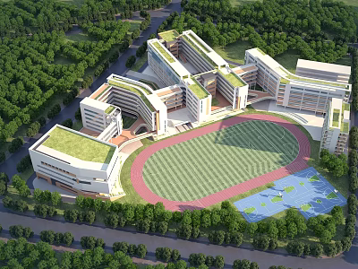 Modern School Campus With Green Roof Buildings Sports Field And Surrounding Greenery 3d model