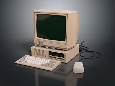 Vintage Beige Retro Computer With Green Screen Monitor Desktop Tower Keyboard And Mouse 3d model