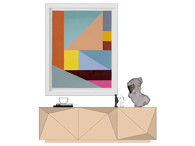 Geometric Shaped Console Table With Colorful Abstract Painting And Decorative Figurine 3d model