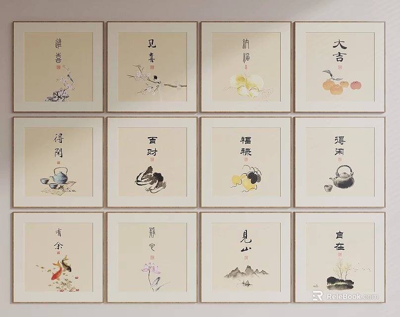 Traditional Chinese Ink Style Plant Paintings With Floral Motifs And Framed Artwork Collection 3d model 