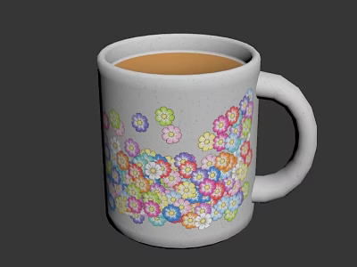 White Ceramic Mug with Vibrant Colorful Small Flower Patterns and Warm Liquid Inside 3d model