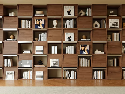 Modern Walnut Bookshelf Interior With Multiple Compartments And Decorative Items Books Photo Frames And Sculptures 3d model