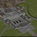 Aerial View of Ancient Chinese Architectural Complex With Traditional Roofs Courtyards and Mountain Backdrop