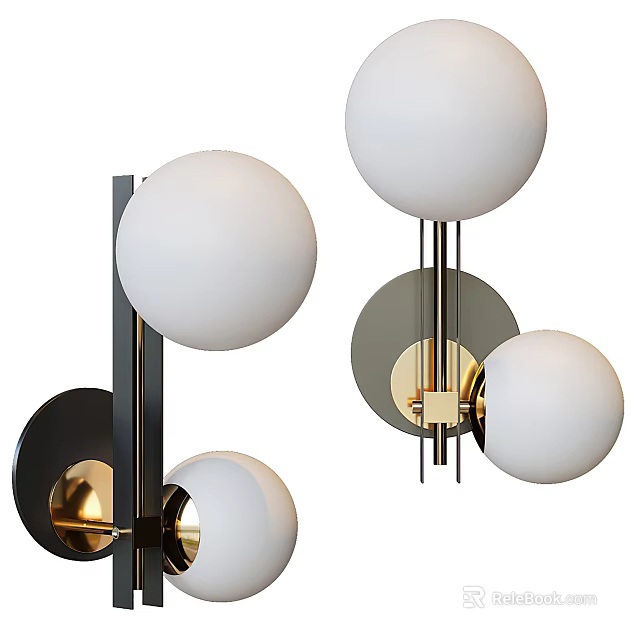 Modern Wall Lamps With White Globe Shades And Black And Gold Metal Frames 3d model 