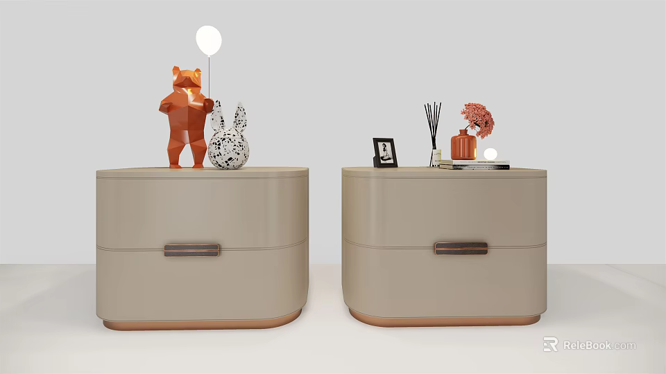 Beige Bedside Tables with Drawers Stuffed Bear Rabbit Doll Lamp Photo Frame Aromatherapy Pink Flowers 3d model 