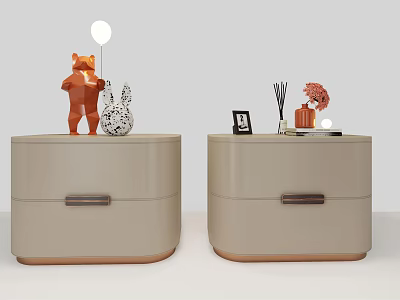 Beige Bedside Tables with Drawers Stuffed Bear Rabbit Doll Lamp Photo Frame Aromatherapy Pink Flowers 3d model