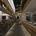 Spacious Restaurant Interior With Red Wall Marble Counters And Fresh Food Displays