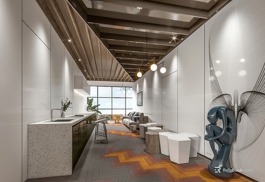 Modern Open Pantry With Wooden Ceiling Pendant Lights Bar Counter White Walls And Large Windows 3d model 