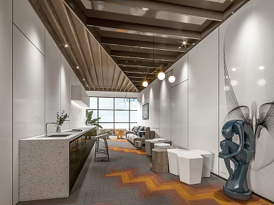 Modern Open Pantry With Wooden Ceiling Pendant Lights Bar Counter White Walls And Large Windows 3d model