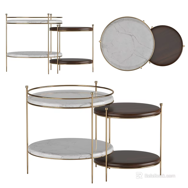 Modern Round Side Tables Featuring Marble and Dark Wood Tops with Gold Metal Frames 3d model 