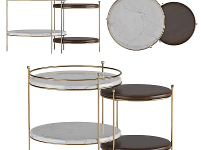 Modern Round Side Tables Featuring Marble and Dark Wood Tops with Gold Metal Frames 3d model