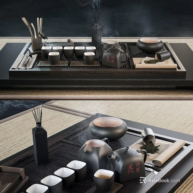 Traditional Chinese Ceramic Tea Set With Black Teapot Cups And Wooden Serving Tray 3d model 