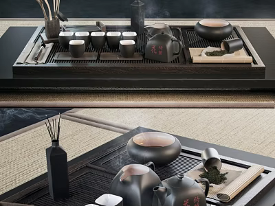 Traditional Chinese Ceramic Tea Set With Black Teapot Cups And Wooden Serving Tray 3d model