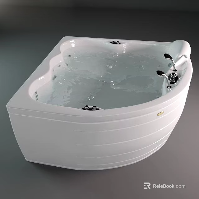 Modern White Corner Whirlpool Bathtub With Water Jets And Chrome Faucet 3d model 