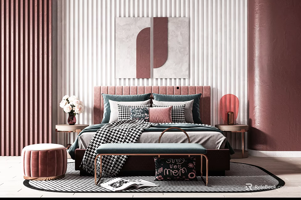 Modern Elegant Bed in Background With Pink Upholstered Headboard Striped Wall And Multiple Pillows 3d model 