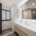 Public Toilet Interior With Wooden Partition Marble Walls Sink And Green Plant