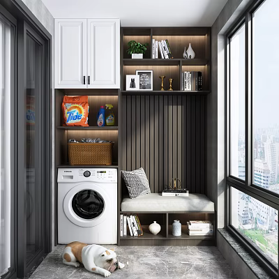 Home Balcony Interior With Washing Machine Detergent Storage Bookshelf Green Plant Bench And City View 3d model