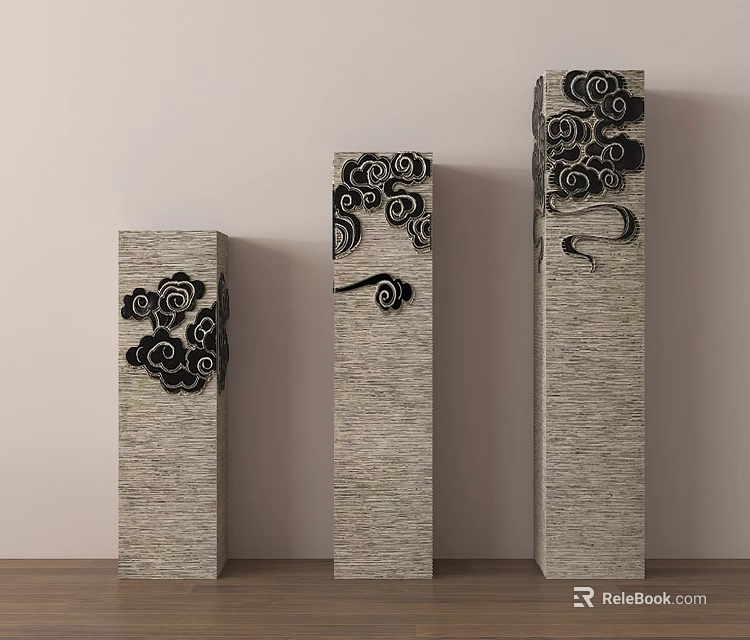 Three Textured Stone Columns With Black Cloud Patterns In Varying Heights 3d model