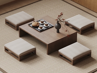 Tea Table and Chair Solid Wood Tea Table and Chair Tatami Tea Table and Chair Cushion Tea Set Dried Branch Vase Carpet 3d model