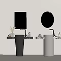 Modern Silver White Freestanding Washbasins With Illuminated Round Rectangular Mirrors And Toiletries