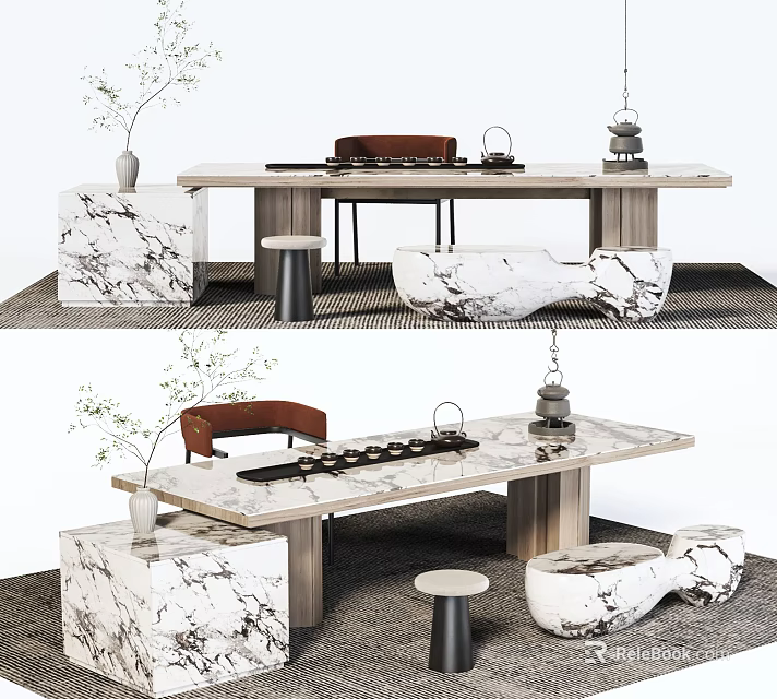 Elegant Modern Tea Table And Chairs Set With Marble Accents And Decorative Elements 3d model