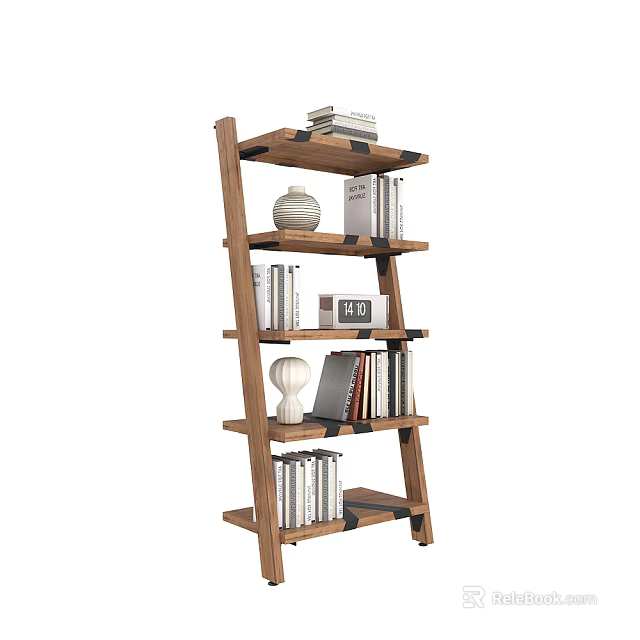 Wooden Bookshelf With Multi Tiered Shelves Filled With Books Decorative Vases And Photo Frame 3d model 