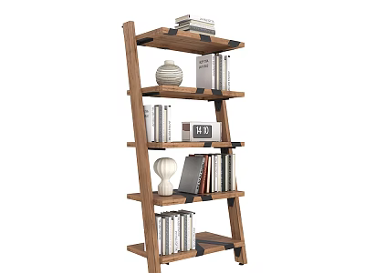 Wooden Bookshelf With Multi Tiered Shelves Filled With Books Decorative Vases And Photo Frame 3d model