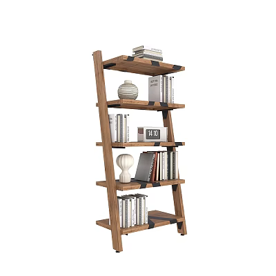 Wooden Bookshelf With Multi Tiered Shelves Filled With Books Decorative Vases And Photo Frame 3d model