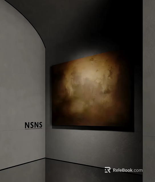 Abstract Oil Painting With Brown Gold Tones Illuminated On Gray Gallery Wall 3d model 