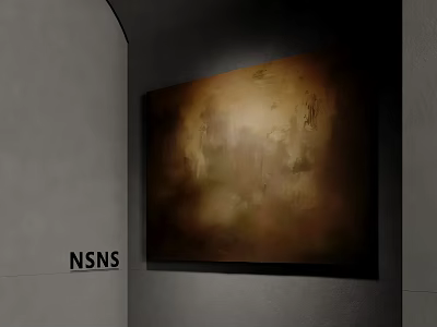 Abstract Oil Painting With Brown Gold Tones Illuminated On Gray Gallery Wall 3d model