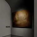 Abstract Oil Painting With Brown Gold Tones Illuminated On Gray Gallery Wall
