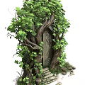 Enchanted Wooden Door Surrounded By Tree Roots Green Vines And Stone Steps
