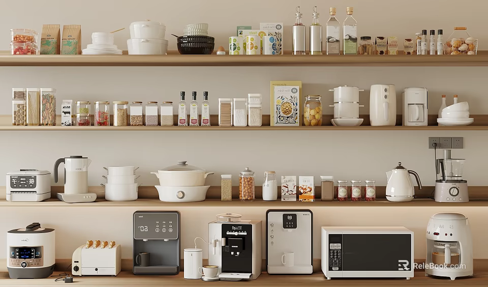 Organized Kitchen Shelf Displaying Various Modern Small Kitchen Appliances And Containers 3d model