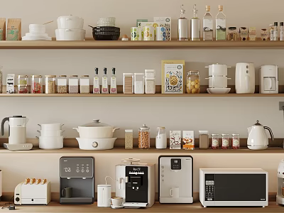 Organized Kitchen Shelf Displaying Various Modern Small Kitchen Appliances And Containers 3d model