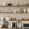 Organized Kitchen Shelf Displaying Various Modern Small Kitchen Appliances And Containers 3d model