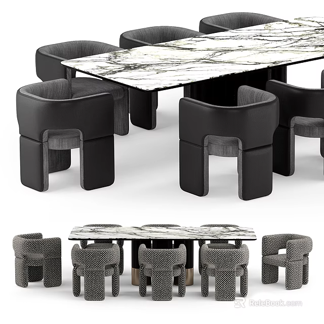 Modern Dining Table Set With Marble Tabletop And Black Upholstered Chairs 3d model