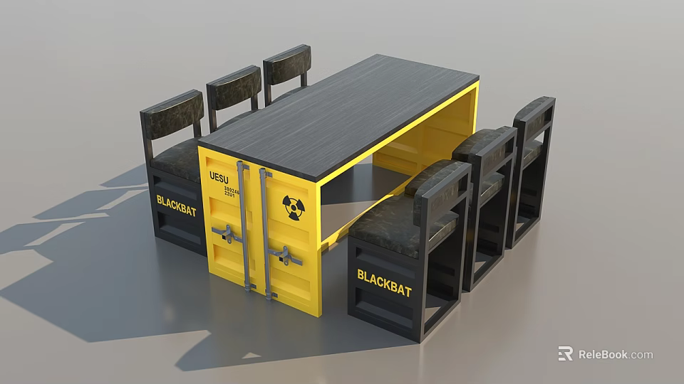 Container Style Yellow Black Dining Table Set With BLACKBAT Chairs And Wooden Top 3d model 